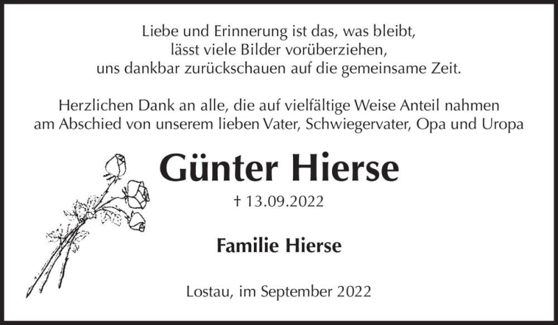  Traueranzeige für Günter Hierse  vom 01.10.2022 aus Magdeburger Volksstimme