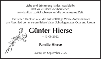 Traueranzeige von Günter Hierse  von Magdeburger Volksstimme
