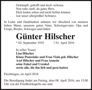 Traueranzeige von Günter Hilscher  von Magdeburger Volksstimme