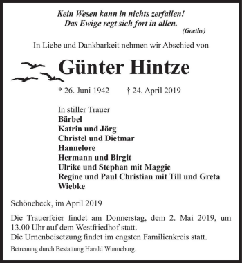 Traueranzeige von Günter Hintze  von Magdeburger Volksstimme