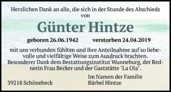 Traueranzeige von Günter Hintze  von Magdeburger Volksstimme