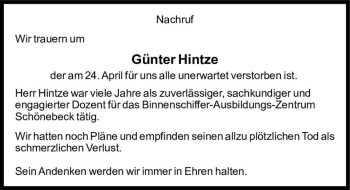 Traueranzeige von Günter Hintze  von Magdeburger Volksstimme