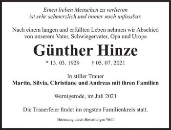 Traueranzeige von Günter Hinze  von Magdeburger Volksstimme