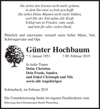 Traueranzeige von Günter Hochbaum  von Magdeburger Volksstimme