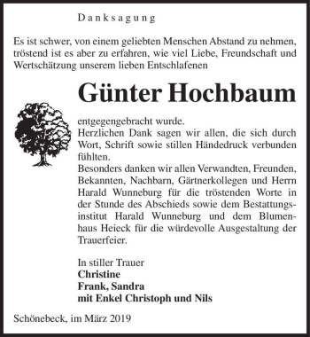 Traueranzeige von Günter Hochbaum  von Magdeburger Volksstimme