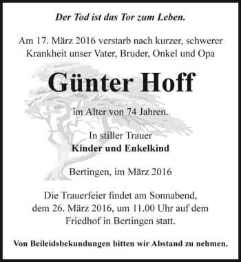 Traueranzeige von Günter Hoff  von Magdeburger Volksstimme