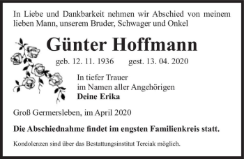 Traueranzeige von Günter Hoffmann  von Magdeburger Volksstimme