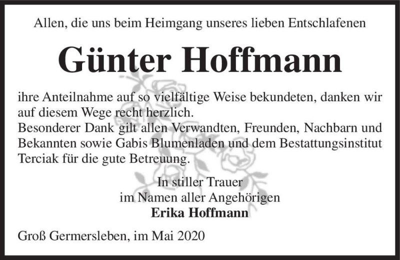  Traueranzeige für Günter Hoffmann  vom 09.05.2020 aus Magdeburger Volksstimme