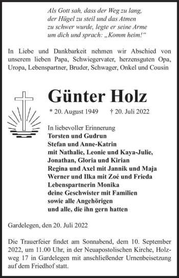 Traueranzeige von Günter Holz  von Magdeburger Volksstimme