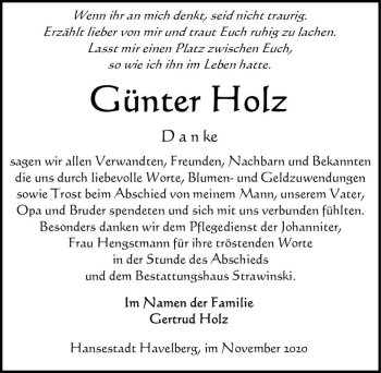 Traueranzeige von Günter Holz  von Magdeburger Volksstimme