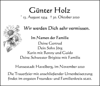 Traueranzeige von Günter Holz  von Magdeburger Volksstimme