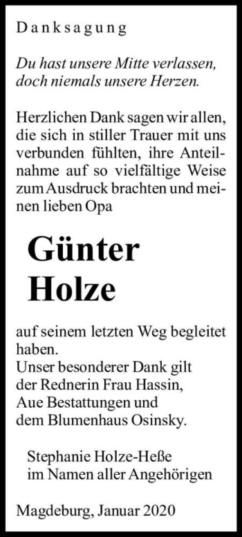 Traueranzeige von Günter Holze  von Magdeburger Volksstimme