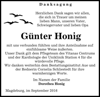 Traueranzeige von Günter Honig  von Magdeburger Volksstimme