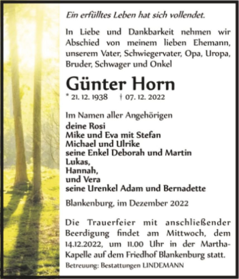 Traueranzeige von Günter Horn  von Magdeburger Volksstimme
