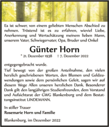 Traueranzeige von Günter Horn  von Magdeburger Volksstimme
