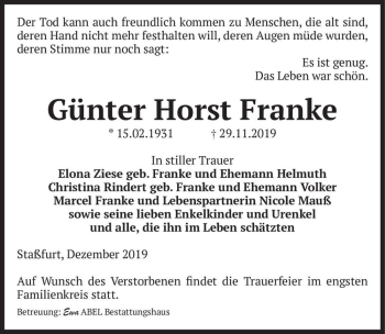 Traueranzeige von Günter Horst Franke  von Magdeburger Volksstimme