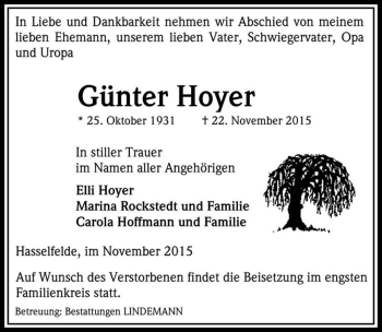 Traueranzeige von Günter Hoyer  von Magdeburger Volksstimme