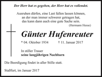 Traueranzeige von Günter Hufenreuter  von Magdeburger Volksstimme