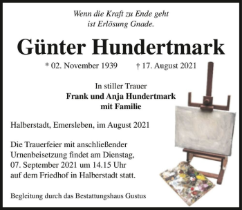Traueranzeige von Günter Hundertmark  von Magdeburger Volksstimme