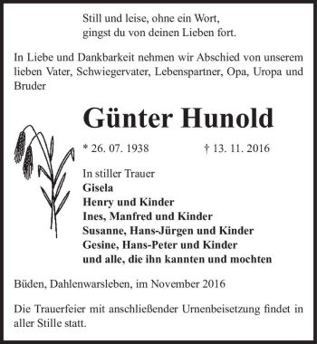 Traueranzeige von Günter Hunold  von Magdeburger Volksstimme