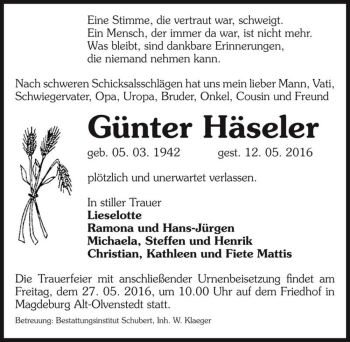 Traueranzeige von Günter Häseler  von Magdeburger Volksstimme