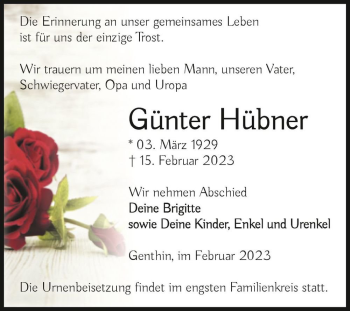 Traueranzeige von Günter Hübner  von Magdeburger Volksstimme