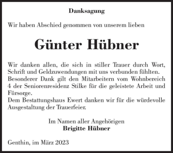 Traueranzeige von Günter Hübner  von Magdeburger Volksstimme
