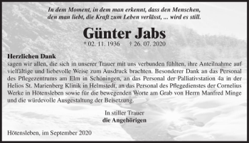 Traueranzeige von Günter Jabs  von Magdeburger Volksstimme