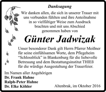 Traueranzeige von Günter Jadwizak  von Magdeburger Volksstimme