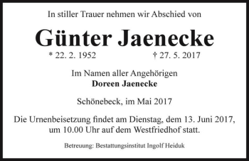 Traueranzeige von Günter Jaenecke  von Magdeburger Volksstimme