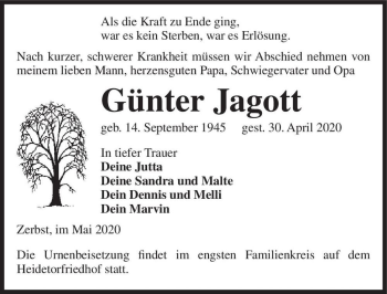 Traueranzeige von Günter Jagott  von Magdeburger Volksstimme