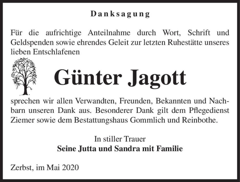  Traueranzeige für Günter Jagott  vom 30.05.2020 aus Magdeburger Volksstimme