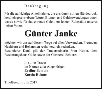 Traueranzeige von Günter Janke  von Magdeburger Volksstimme