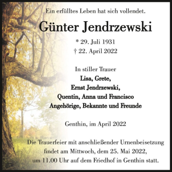 Traueranzeige von Günter Jendrzewski  von Magdeburger Volksstimme