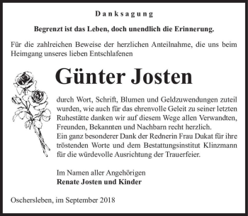 Traueranzeige von Günter Josten  von Magdeburger Volksstimme