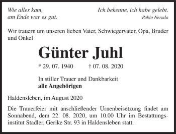 Traueranzeige von Günter Juhl  von Magdeburger Volksstimme