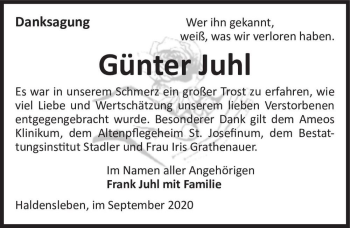 Traueranzeige von Günter Juhl  von Magdeburger Volksstimme