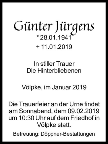Traueranzeige von Günter Jürgens  von Magdeburger Volksstimme