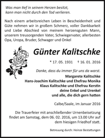 Traueranzeige von Günter Kalitschke  von Magdeburger Volksstimme
