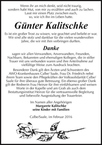 Traueranzeige von Günter Kalitschke  von Magdeburger Volksstimme