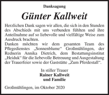 Traueranzeige von Günter Kallweit  von Magdeburger Volksstimme
