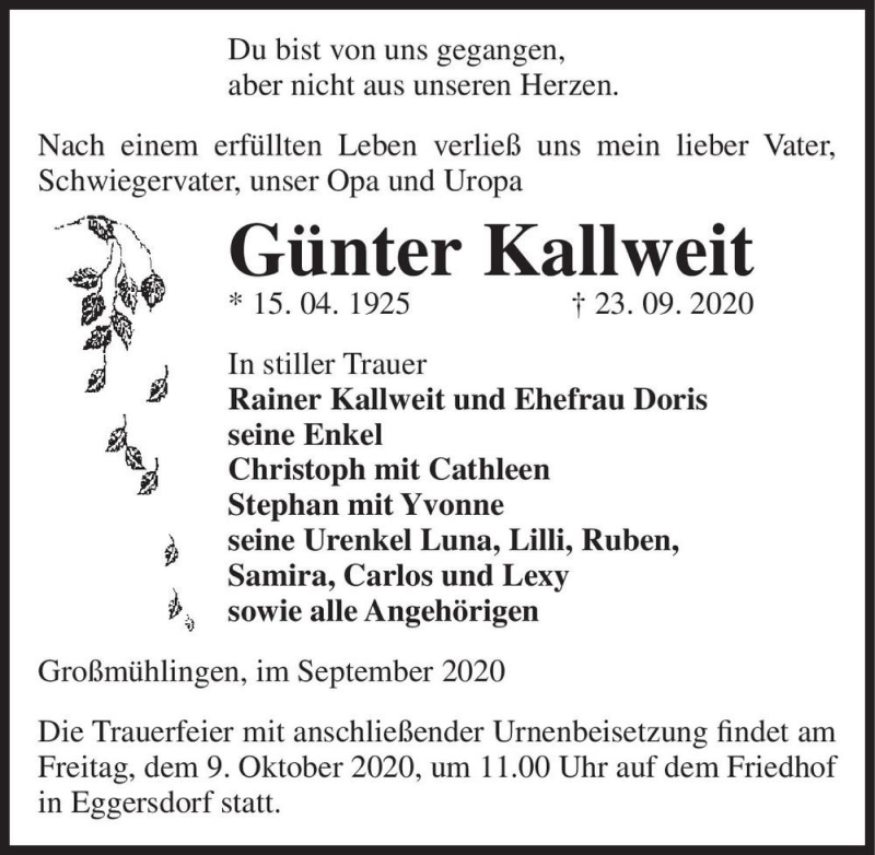  Traueranzeige für Günter Kallweit  vom 26.09.2020 aus Magdeburger Volksstimme