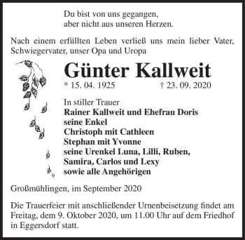 Traueranzeige von Günter Kallweit  von Magdeburger Volksstimme