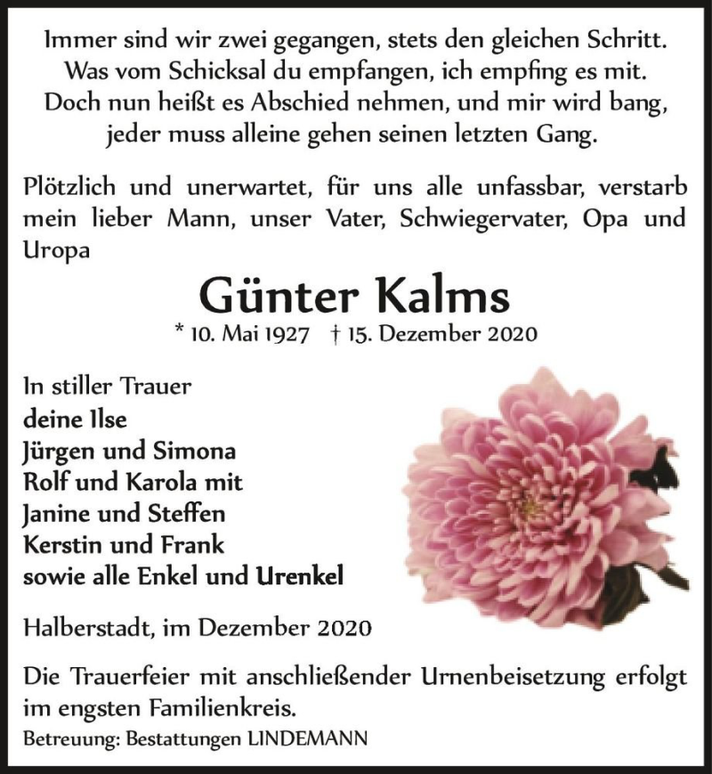  Traueranzeige für Günter Kalms  vom 19.12.2020 aus Magdeburger Volksstimme
