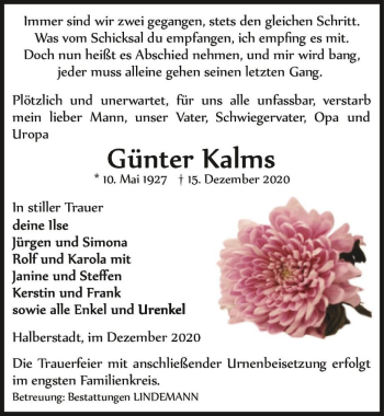 Traueranzeige von Günter Kalms  von Magdeburger Volksstimme