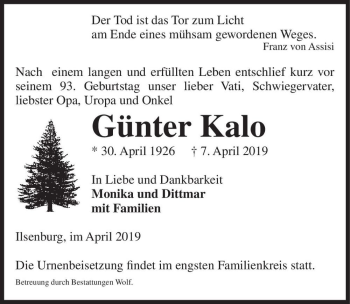 Traueranzeige von Günter Kalo  von Magdeburger Volksstimme