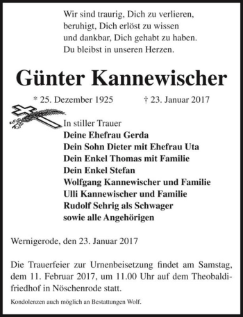 Traueranzeige von Günter Kannewischer  von Magdeburger Volksstimme