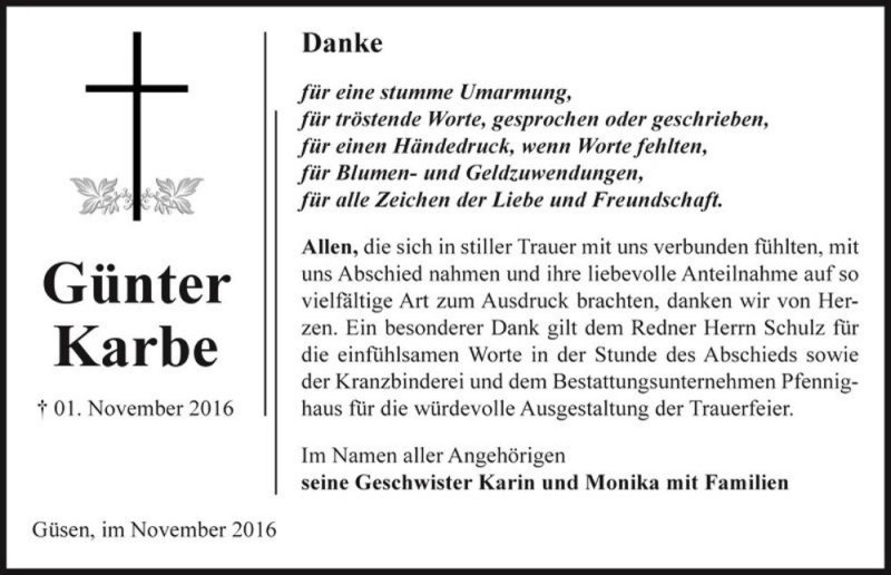  Traueranzeige für Günter Karbe  vom 19.11.2016 aus Magdeburger Volksstimme