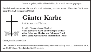 Traueranzeige von Günter Karbe  von Magdeburger Volksstimme