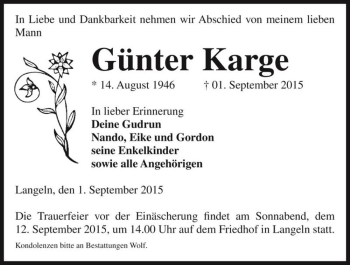 Traueranzeige von Günter Karge  von Magdeburger Volksstimme